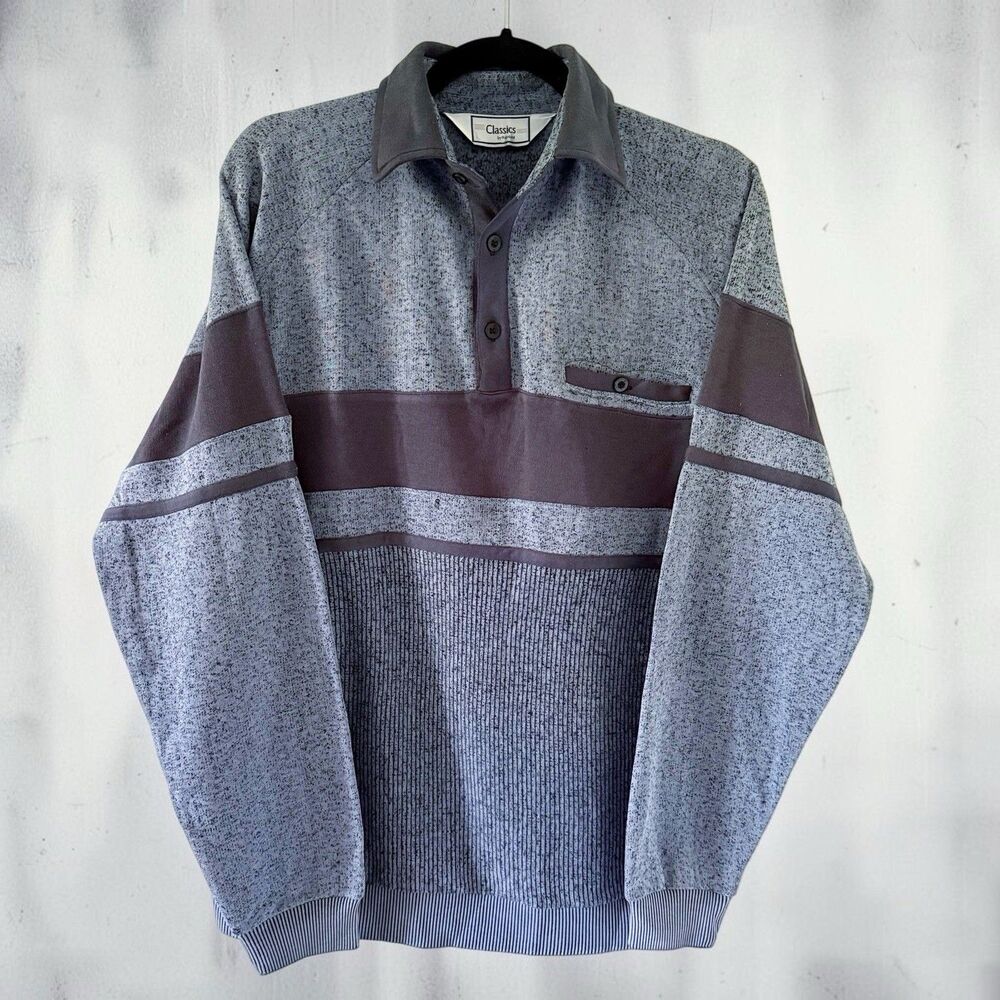 Vtg Classics by Palmland Polo Shirt Mens Medium Blue Stripe Panels Banded 80's
